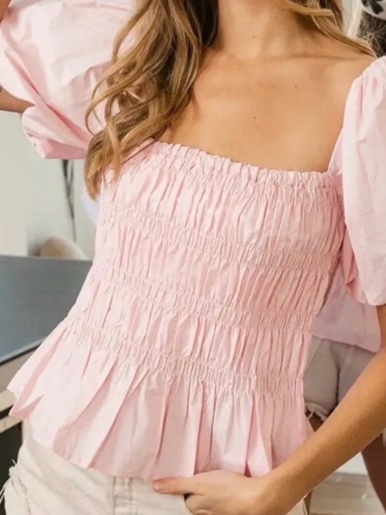 Astr Tops - Astr Pink Smocked Square-Neck Puff Sleeve Top
